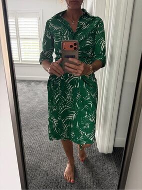 SAMANTHA SUNG Green Palm-Print Midi Shirt Dress